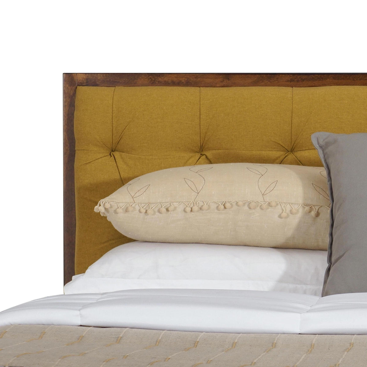 Tufted Upholstered Bed Frame: Solid Wood, Dark Oak Finish, carved Style