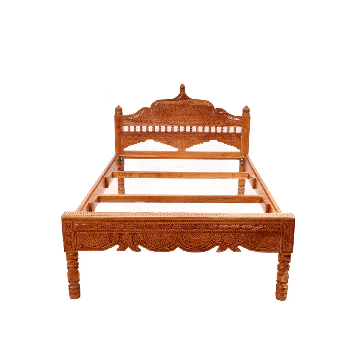 Hand Carved Teak Wood Bed, Folk Art Rococo Style