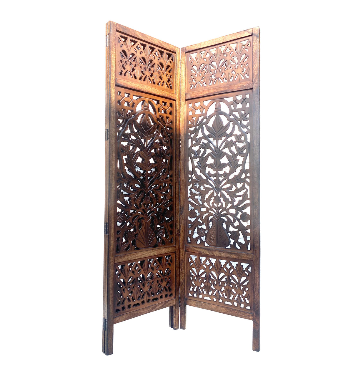 Handmade Mid-Century Modern Wooden Folding Room Divider Mesh Design Self-Standing Partition Screen