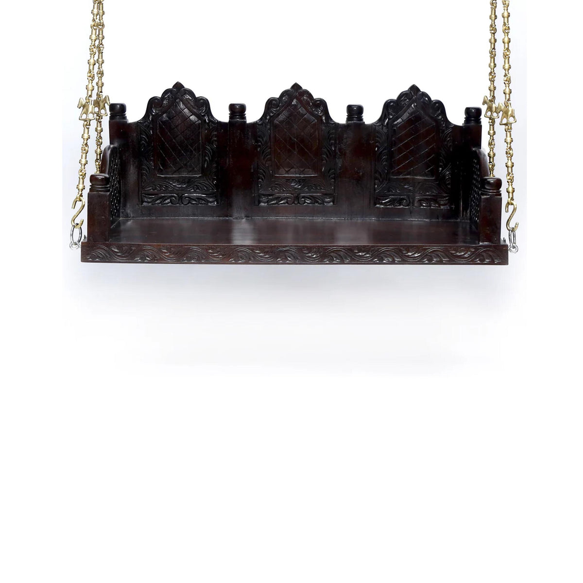 Handmade Teak Wood Swing: Elephant Carving, Brass Chain, Customizable