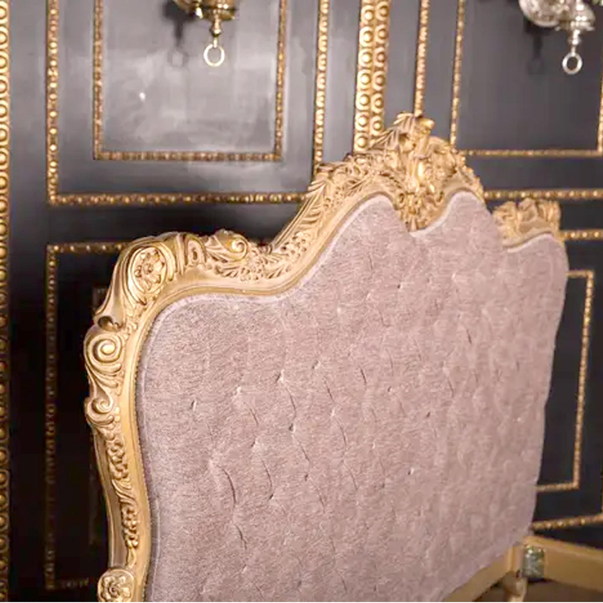Handmade Cared Style Giltwood Bed with Violet Tufted Headboard