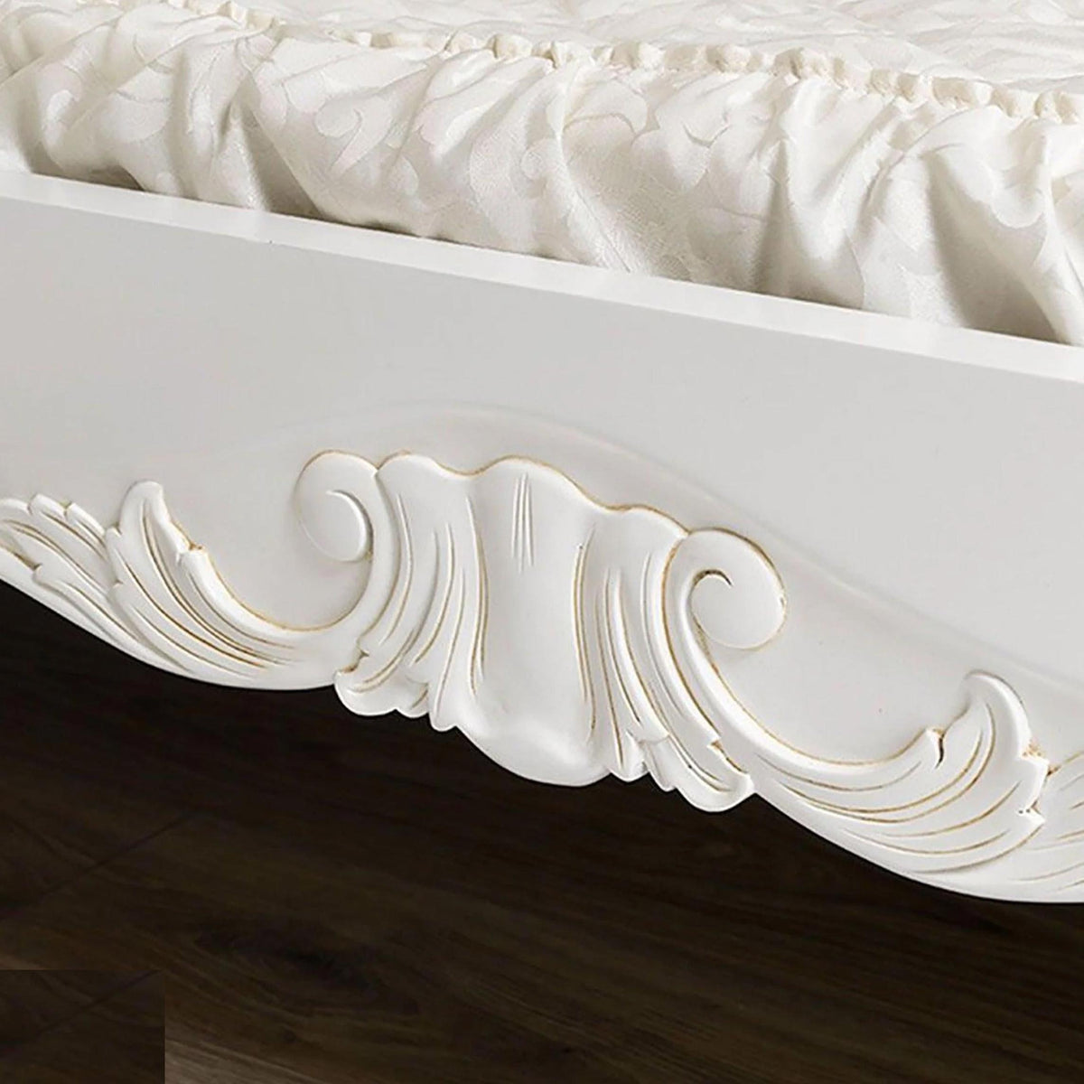 solid teak wood Bed Frame, White & Silver Giltwood with Tufted Headboard