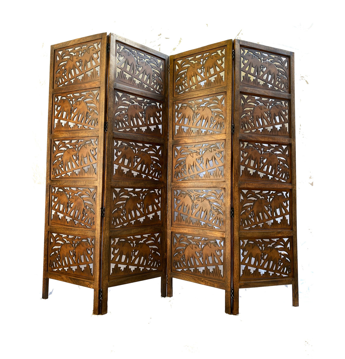 Mid century Elephant carving Design Wooden Folding Divider, Partition, Handmade Self standing separator