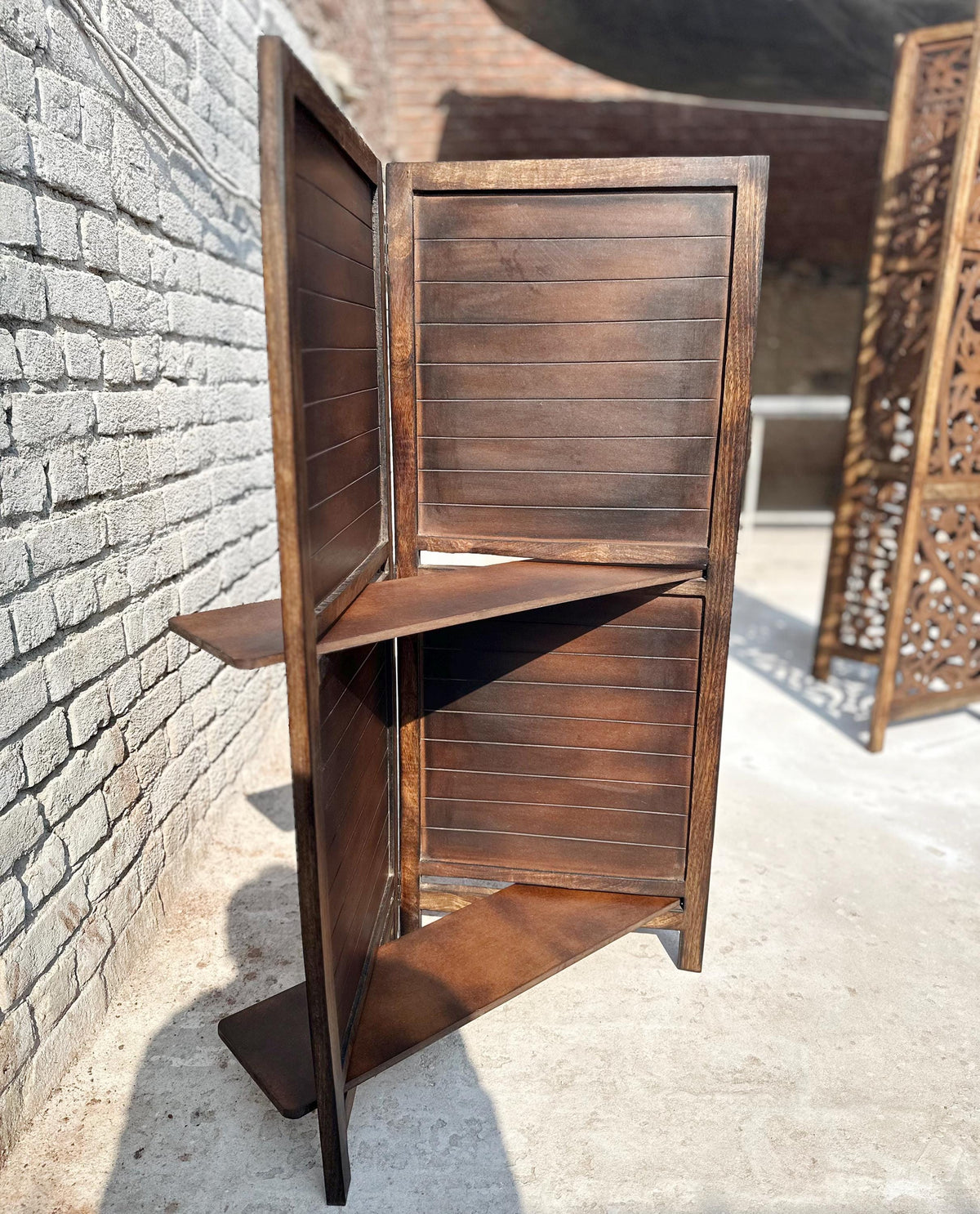Mid Century Folding Partition with Shelf: Handmade Wooden Room Divider
