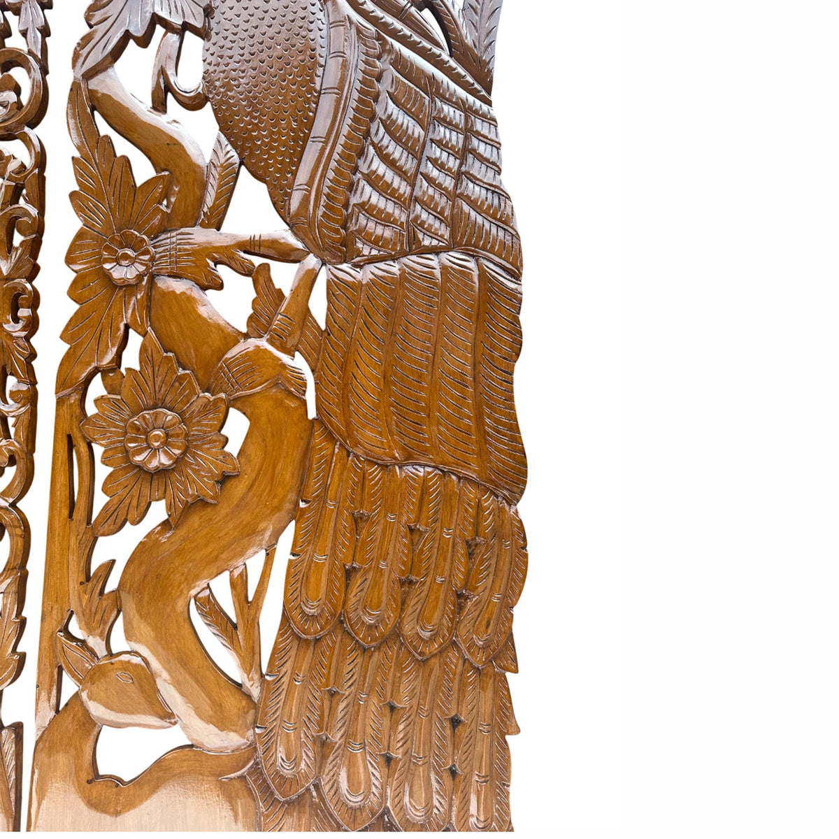 Hand Carved Wood Peacock & Flower Wall Decor - 7 ft Brown Hanging Fixture