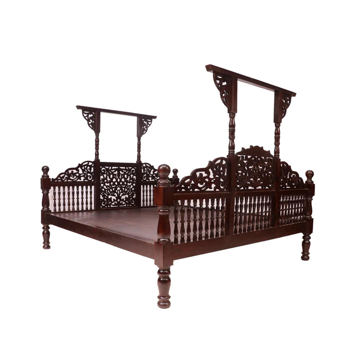 Hand Carved Giltwood King Bed: Louis XV Style Teak Frame
