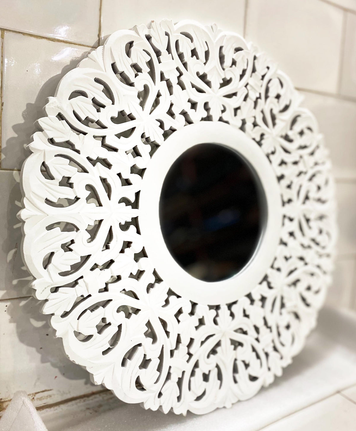 Handmade Carved Wood Mirror Frame: White Wall Hanging Decor