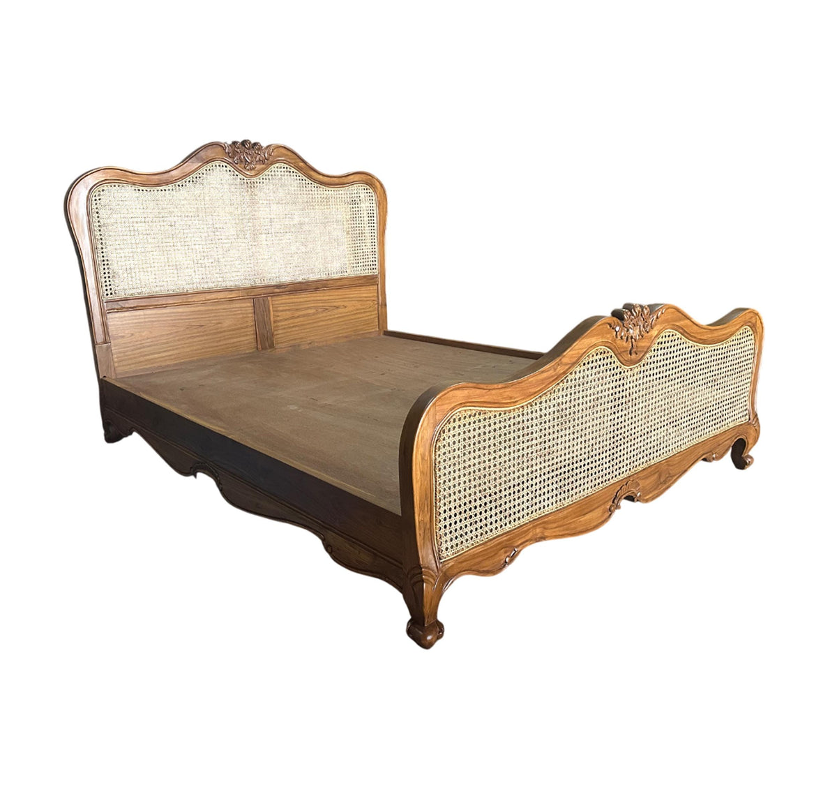 Handmade Cane and Teak Bed Frame: carved Low Post Design, Queen / King Custom Size