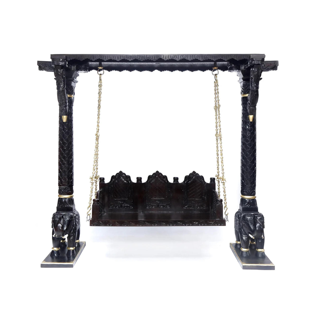 Handmade Teak Wood Swing: Elephant Carving, Brass Chain, Customizable
