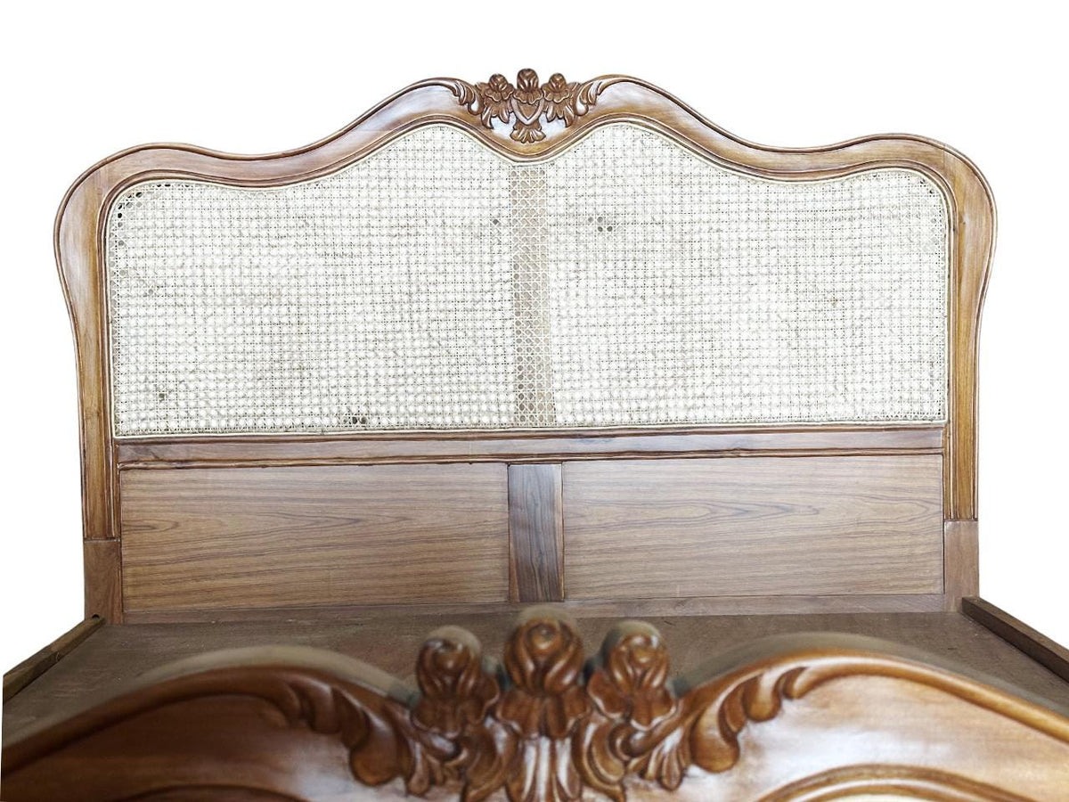 Handmade Cane and Teak Bed Frame: carved Low Post Design, Queen / King Custom Size