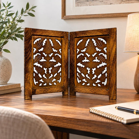 Carved Wooden Tabletop Partition, Folding Desk Divider, Decorative Wood Screen