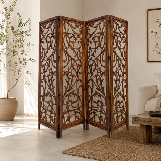 Mid century Floral design Wooden Folding Divider, Partition, Handmade Self standing screen