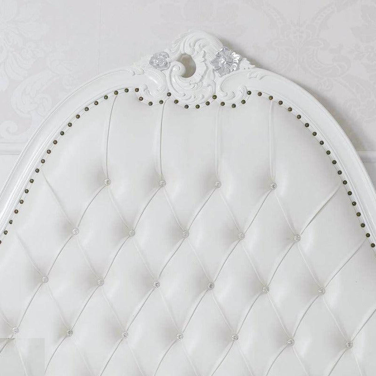 solid teak wood Bed Frame, White & Silver Giltwood with Tufted Headboard