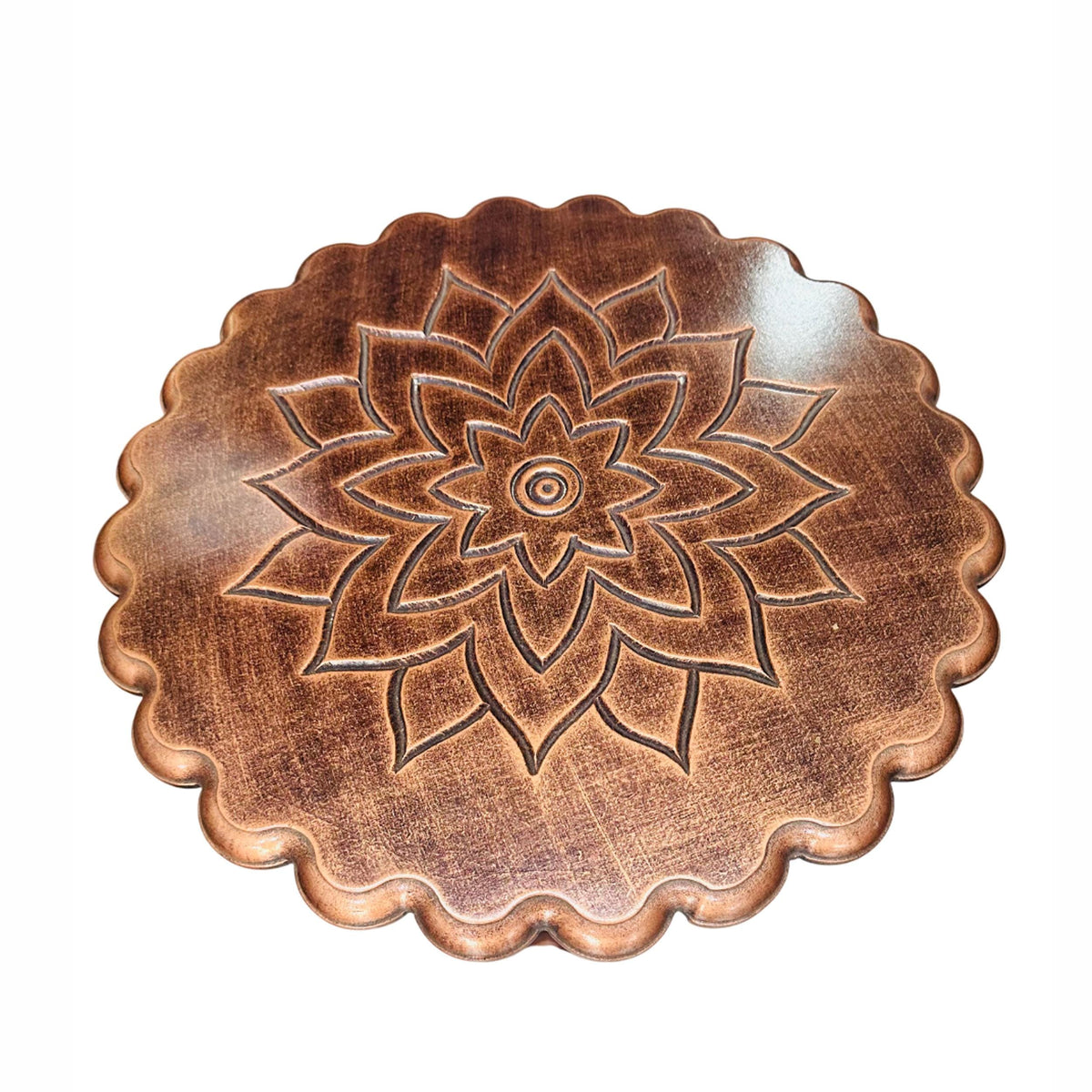 Hand Carved Mango Wood Coffee Table: lotus design, copper shade, folding design