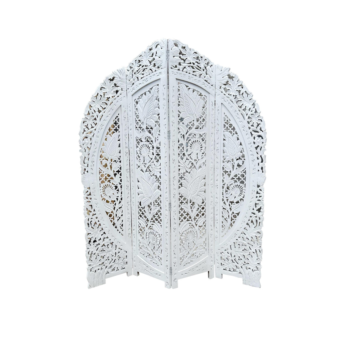 Mid Century Modern Floral Wood Folding Room Divider: Handmade Screen matte white
