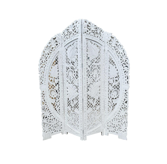 Mid Century Modern Floral Wood Folding Room Divider: Handmade Screen matte white