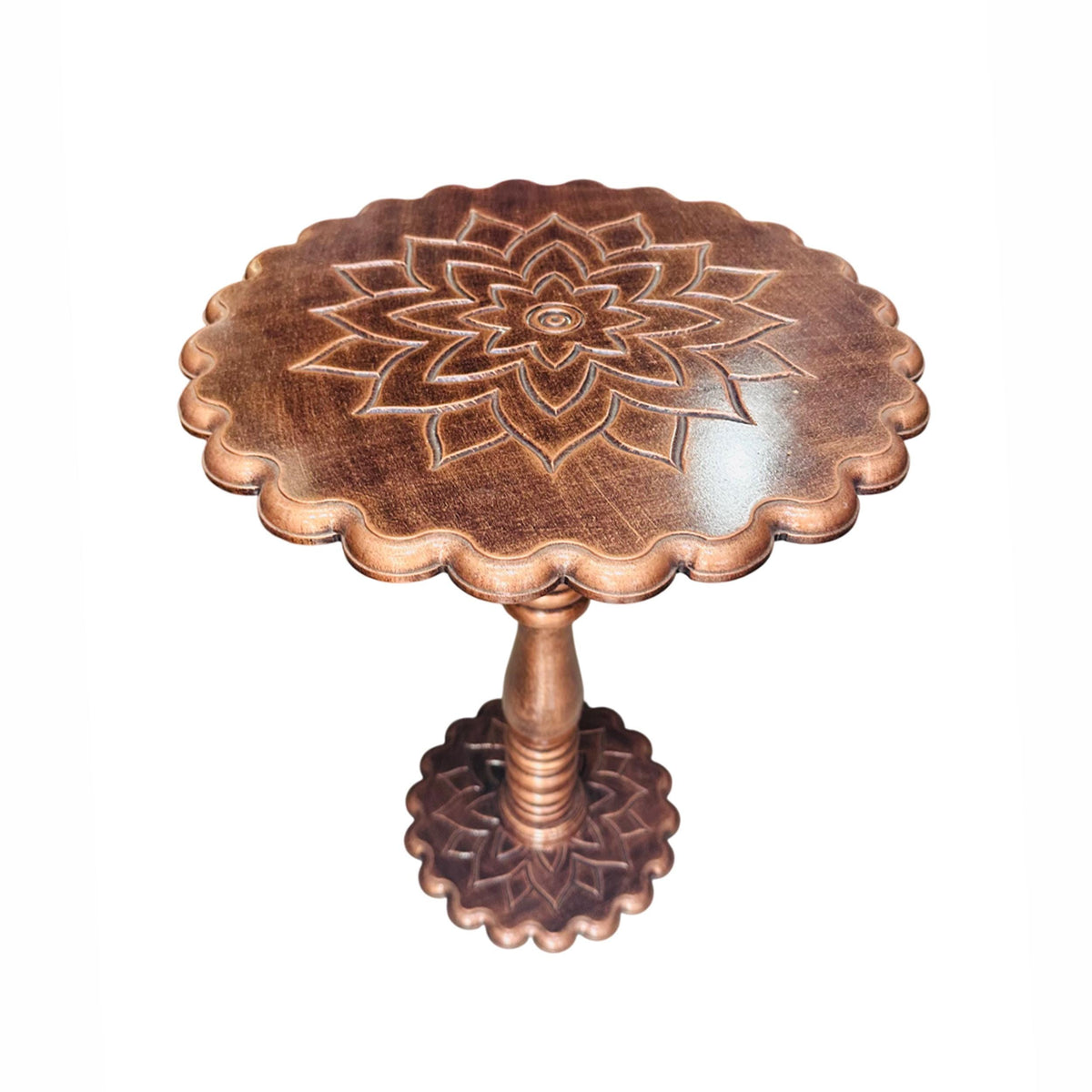 Hand Carved Mango Wood Coffee Table: lotus design, copper shade, folding design
