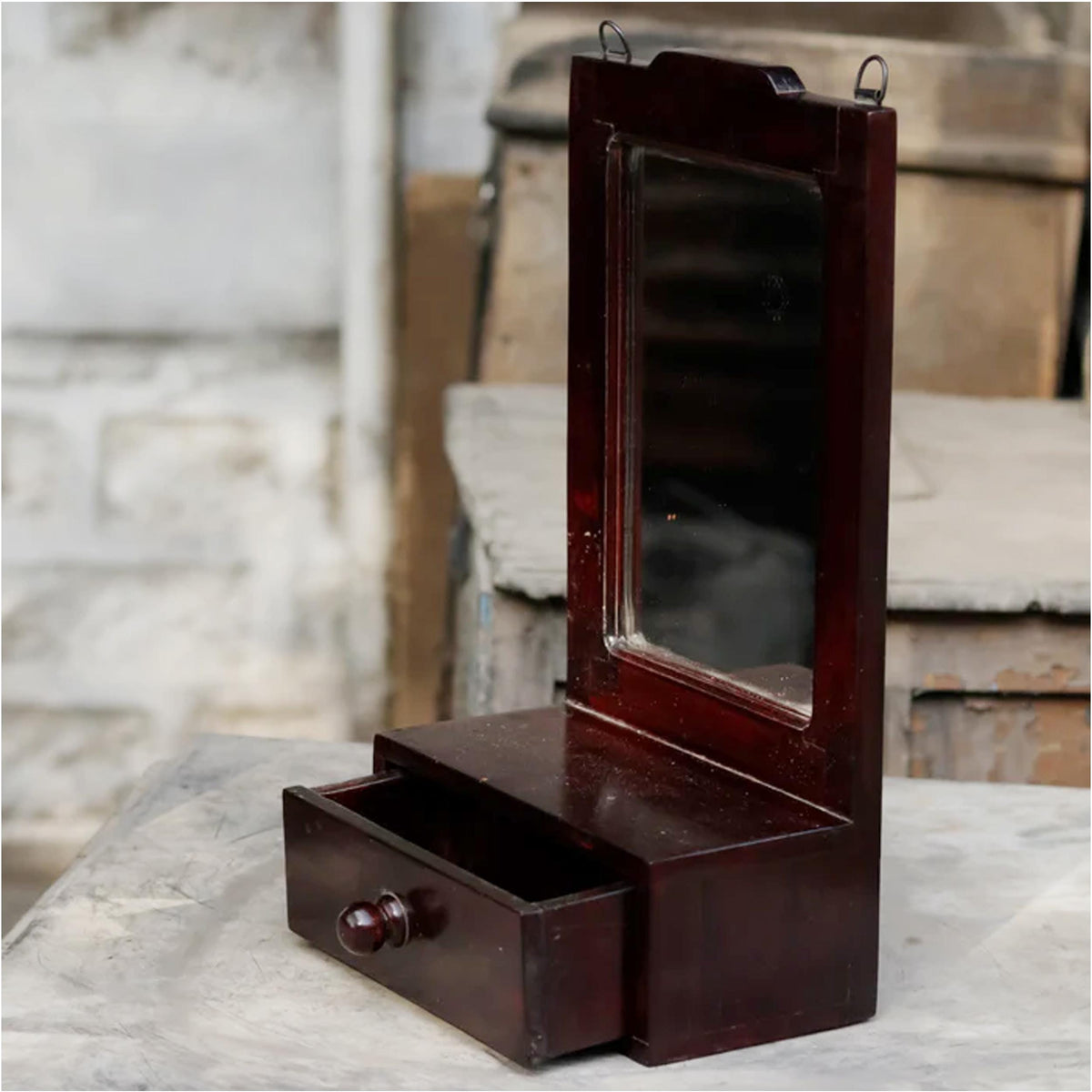 Handmade Wood Wall Mirror with Drawer: Mid-Century Wall Decor