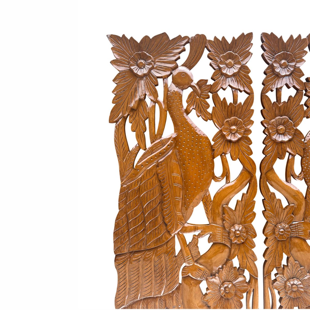 Mid-Century Modern Carved Wood Wall Panels: Peacock & Deer Art, Set of 2