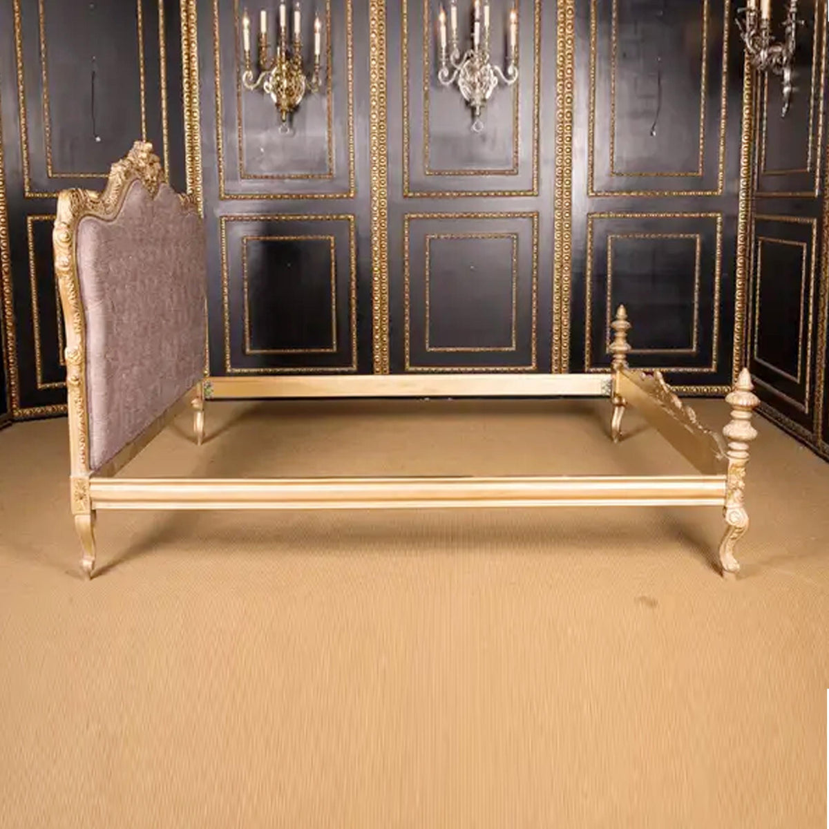 Handmade Cared Style Giltwood Bed with Violet Tufted Headboard