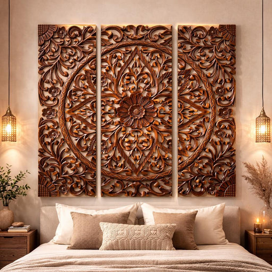 Mid century Wooden Hanging Fixture, Handmade Large Brown Carving Wall décor, mandola Arts