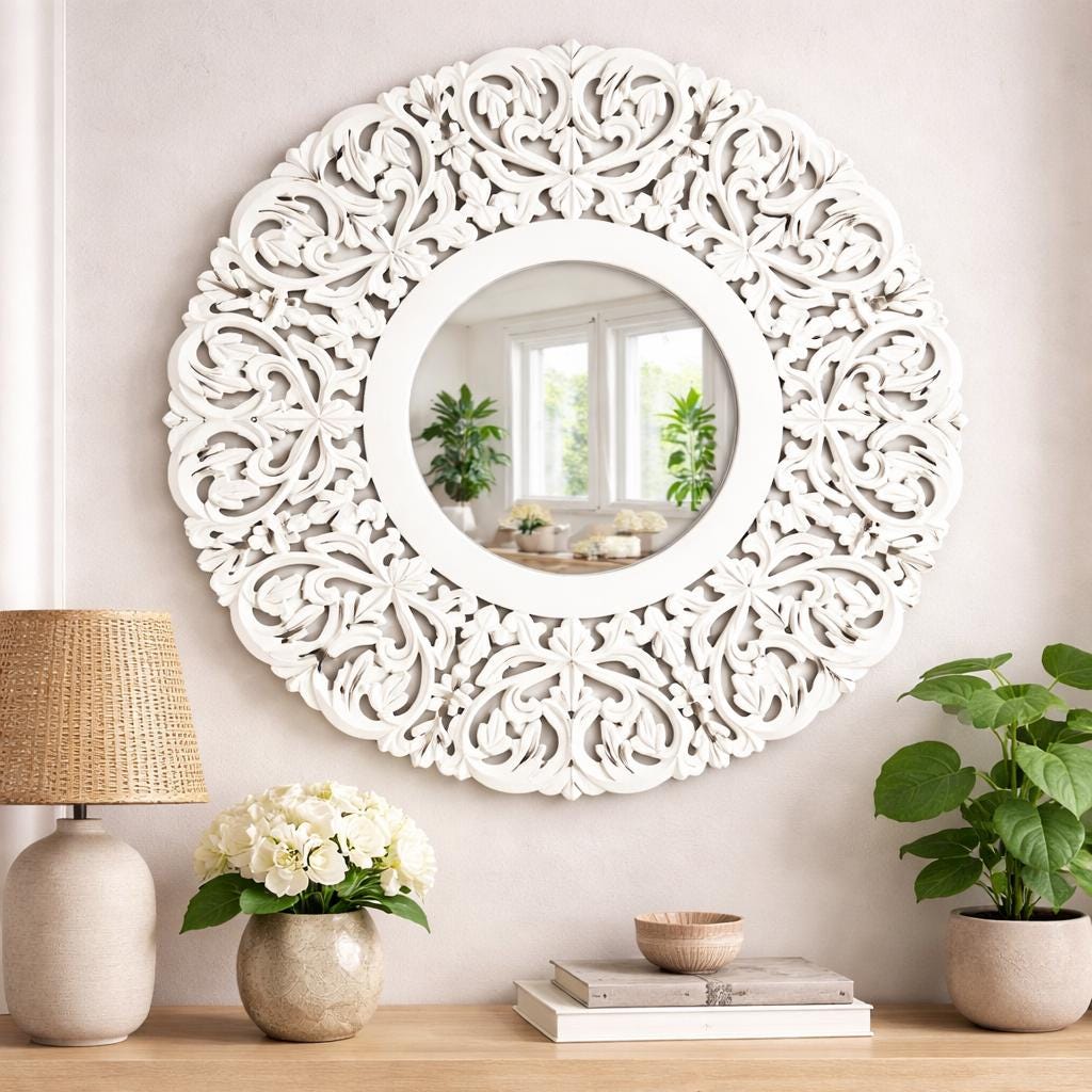 Handmade Carved Wood Mirror Frame: White Wall Hanging Decor