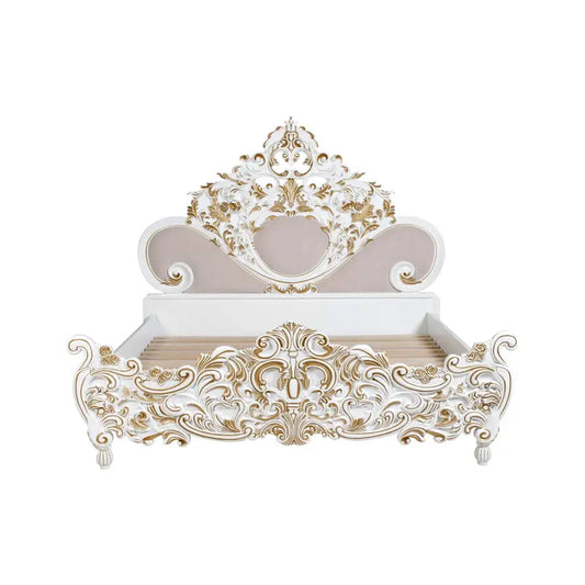 Handmade King Bed Frame, Carved Solid Wood in Gold & White