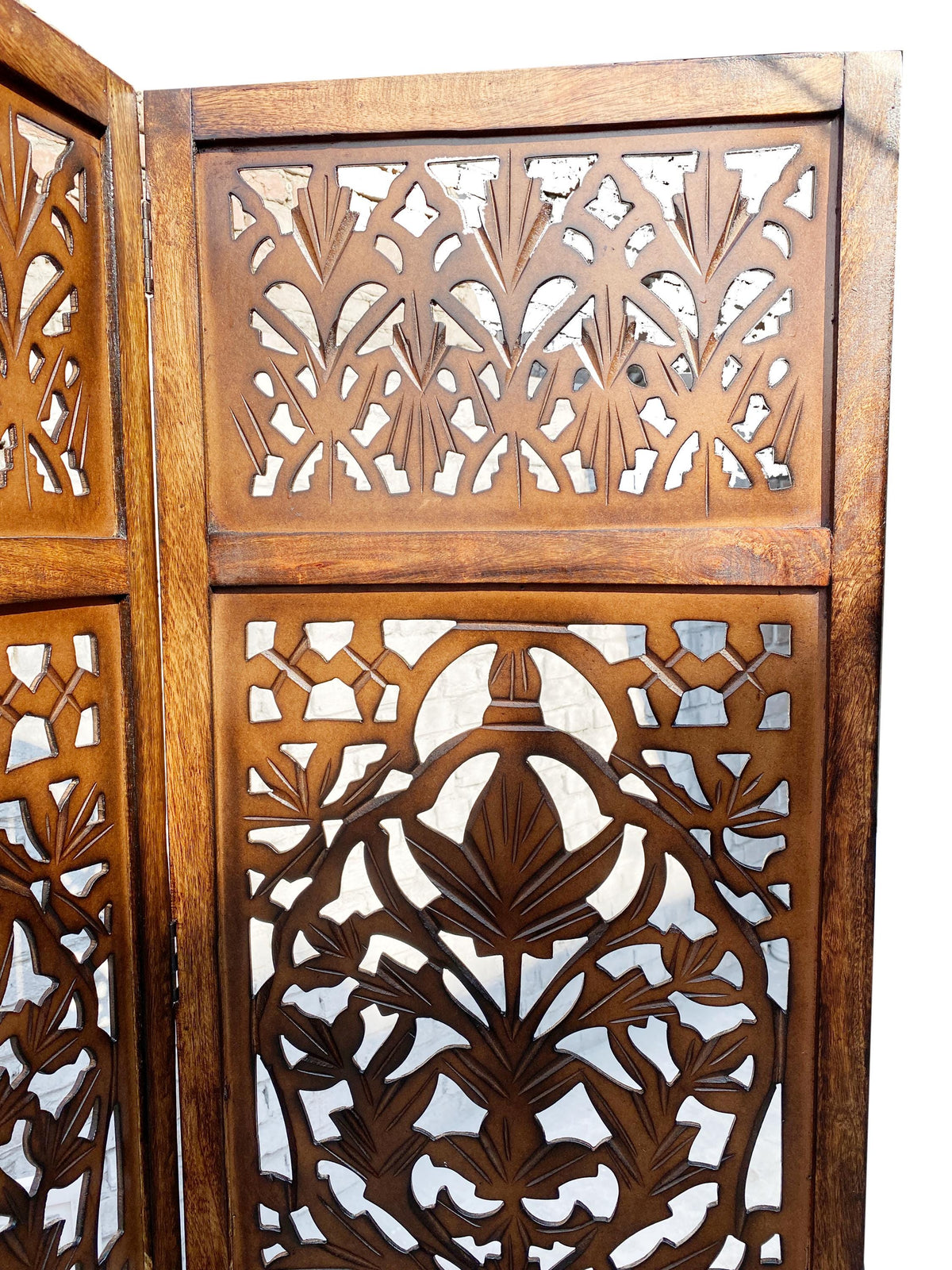 Handmade Mid-Century Modern Wooden Folding Room Divider  Mesh Design Self-Standing Partition Screen