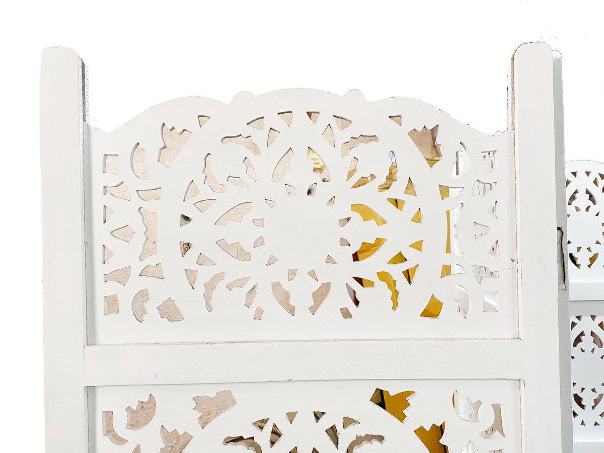 Handmade White Wooden Folding Room Divider, Mesh Design