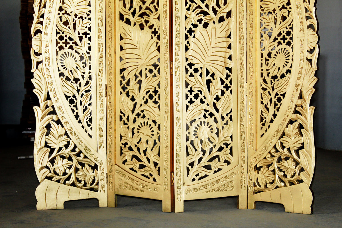 Mid Century Modern Floral Wood Folding Room Divider: Handmade Screen matte white