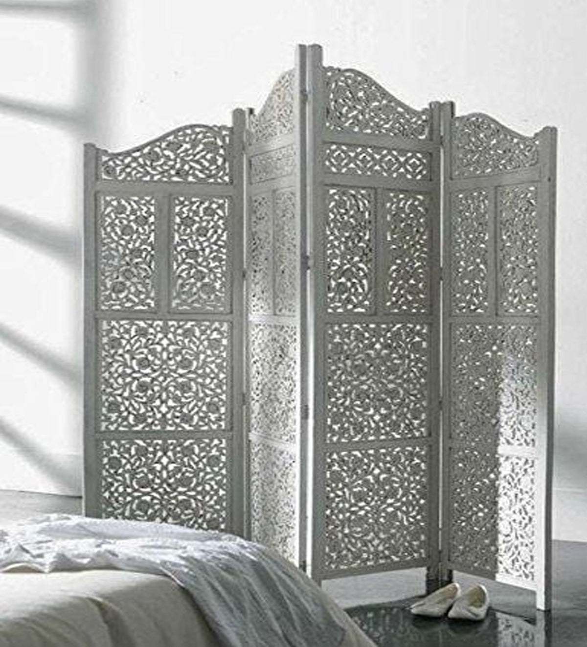Handmade Wooden Room Divider, Folding Privacy Screen, Carved Partition, Freestanding 4 Panel Screen