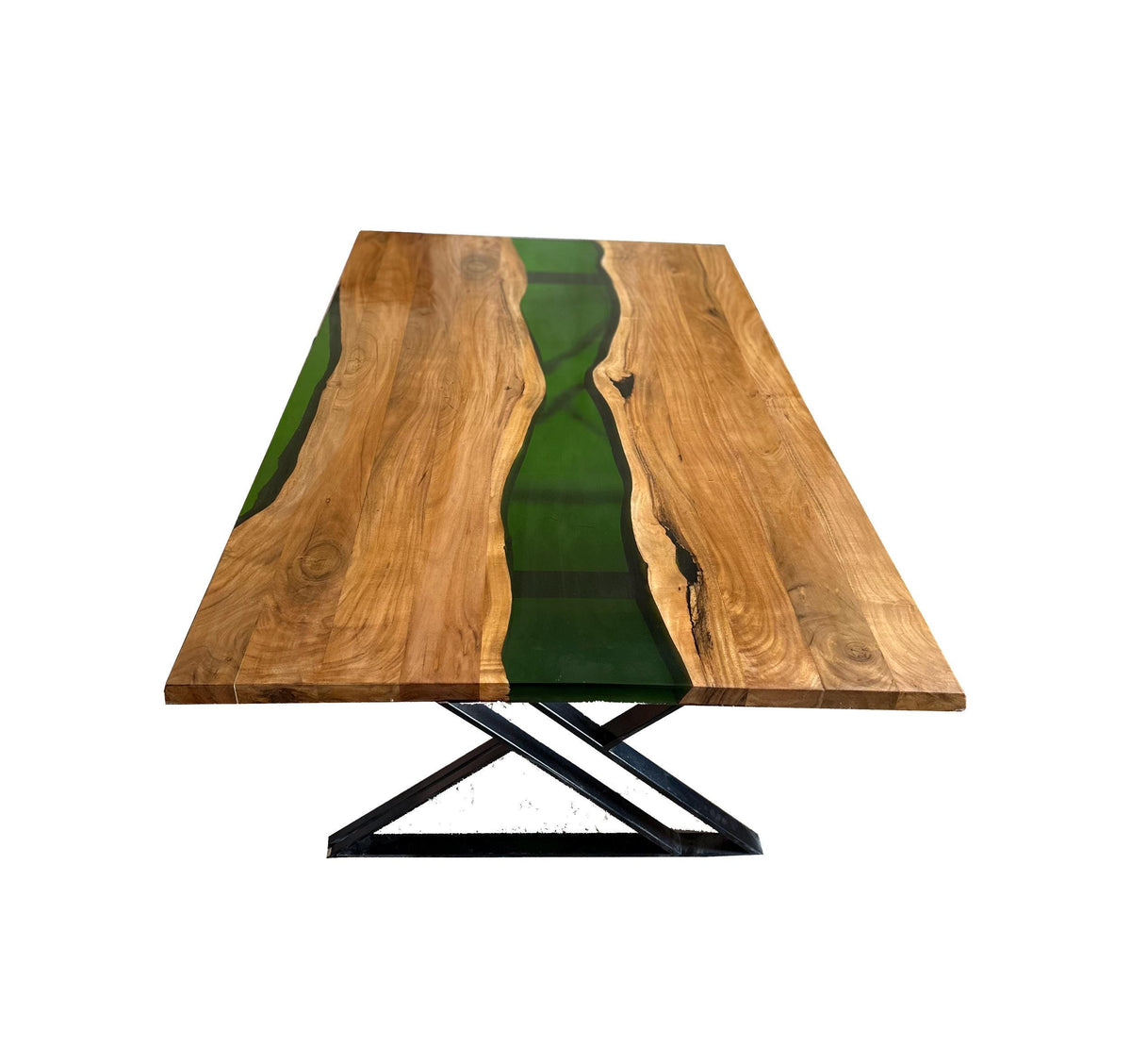 Live Edge Teak Wood Epoxy River Dining Table, Custom Size, High Gloss Finish
