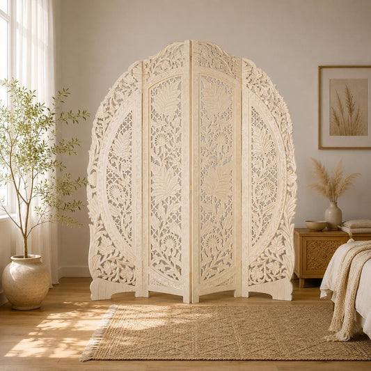 Mid Century Gold Floral Room Divider: Handmade Wooden Partition Screen