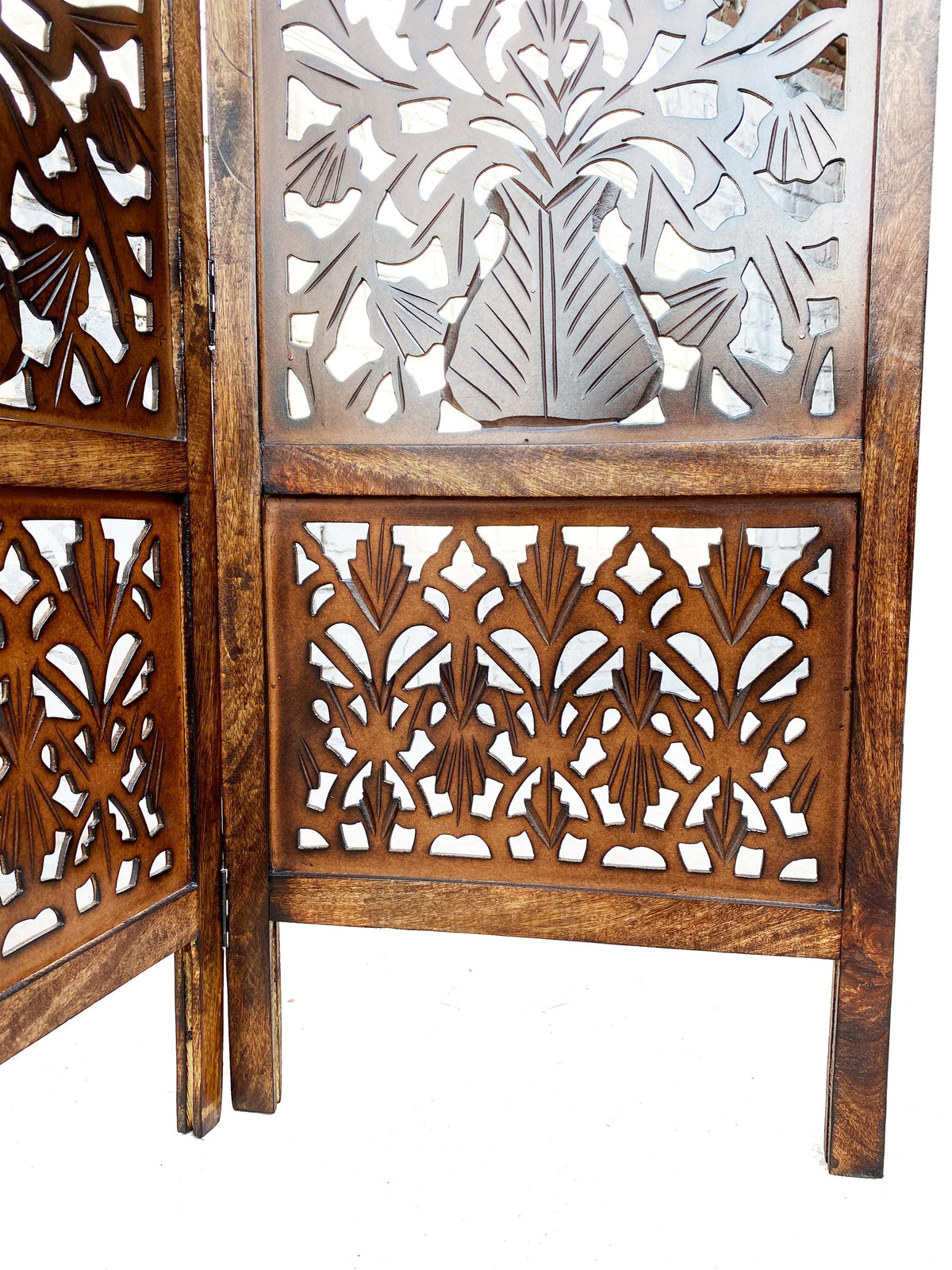 Handmade Mid-Century Modern Wooden Folding Room Divider  Mesh Design Self-Standing Partition Screen