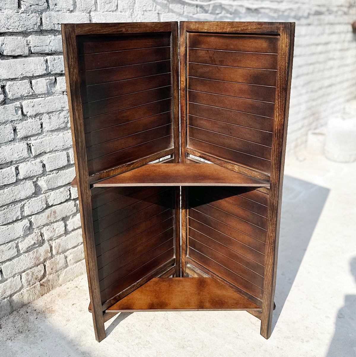 Mid Century Folding Partition with Shelf: Handmade Wooden Room Divider