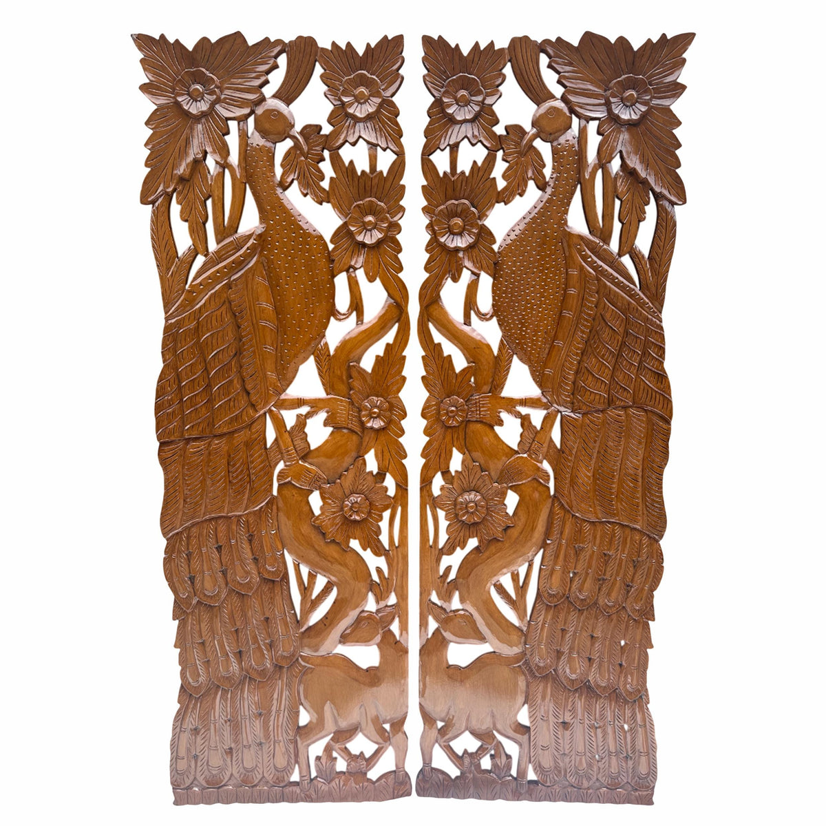 Mid-Century Modern Carved Wood Wall Panels: Peacock & Deer Art, Set of 2