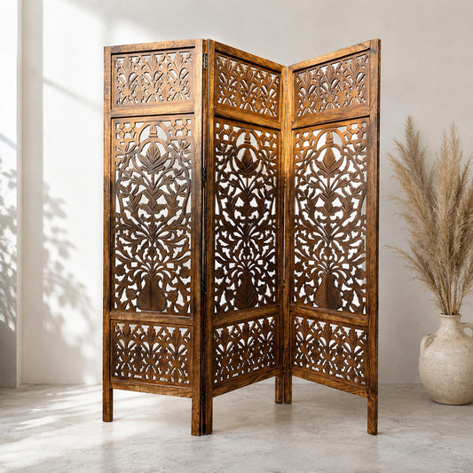 Handmade Mid-Century Modern Wooden Folding Room Divider  Mesh Design Self-Standing Partition Screen