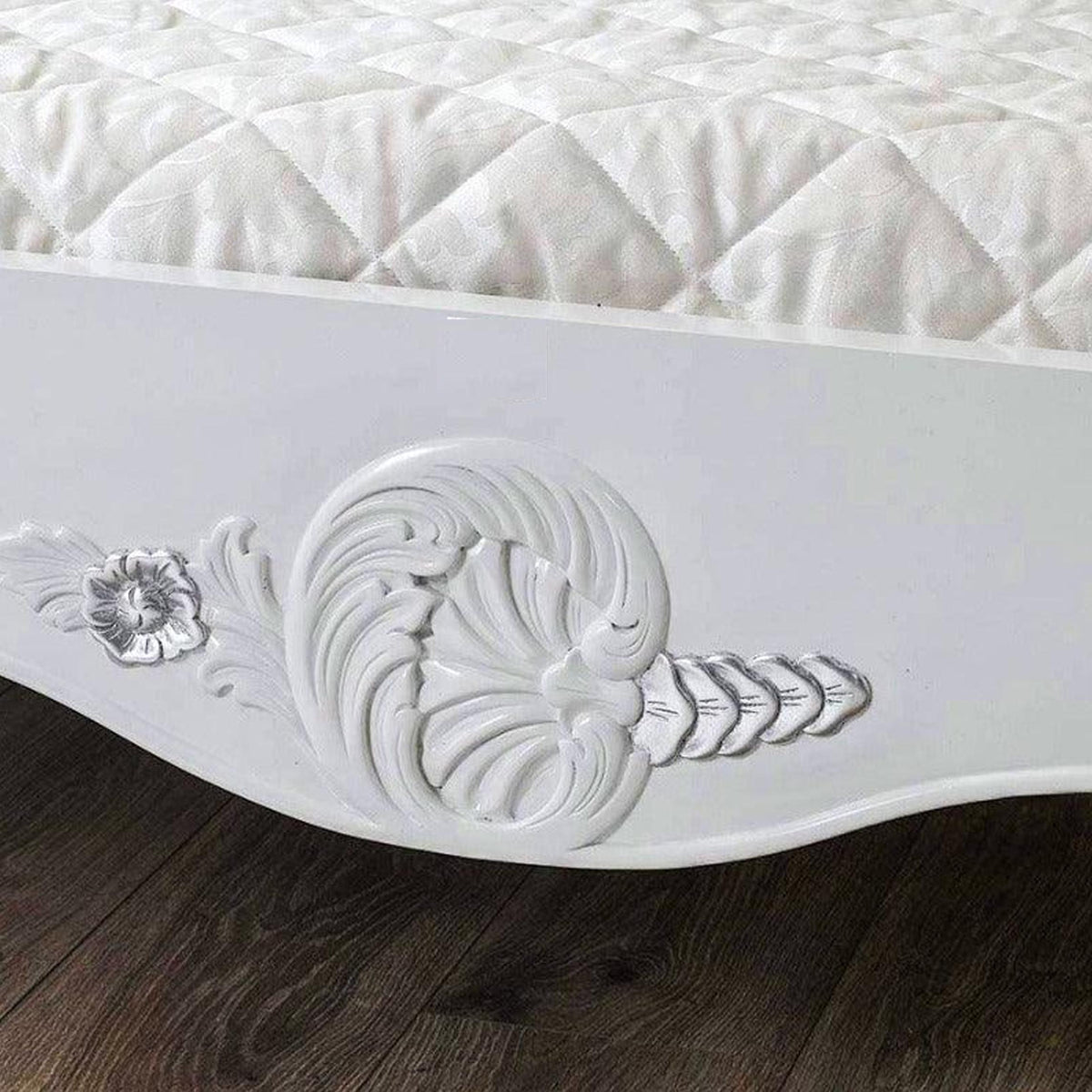 solid teak wood Bed Frame, White & Silver Giltwood with Tufted Headboard