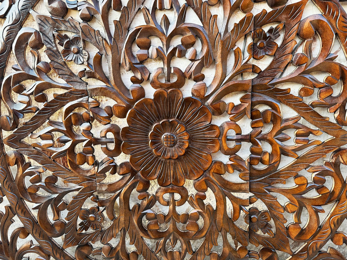 Mid century Wooden Hanging Fixture, Handmade Large Brown Carving Wall décor, mandola Arts
