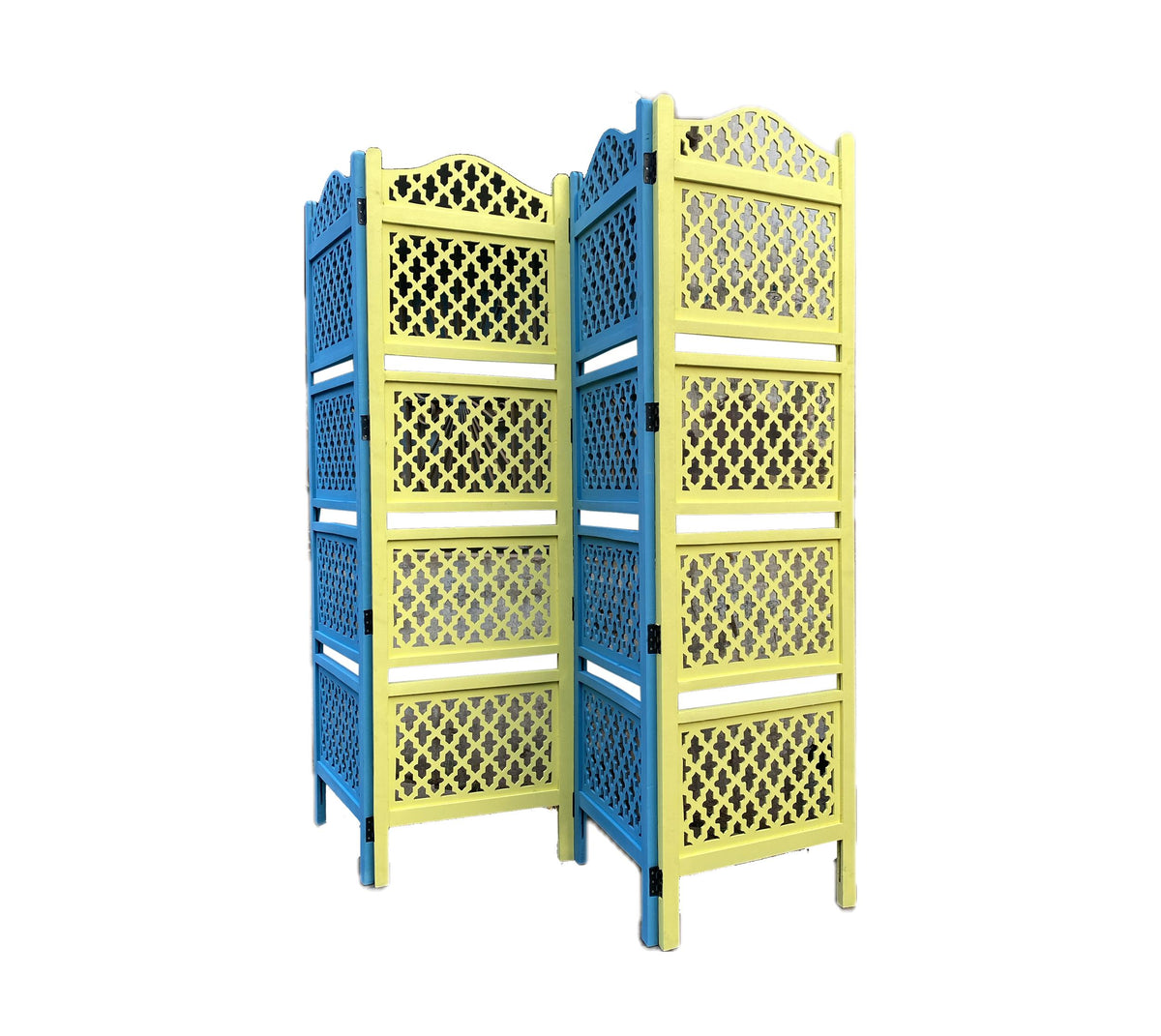 Mid Century Mesh Design Wooden Divider Folding partition, yellow/Blue Self standing divider