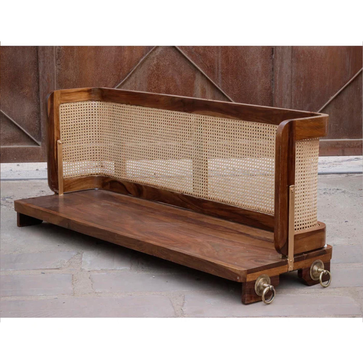 Handmade Teak Wood Hanging Swing: Brass Chain, Cane Back Rest