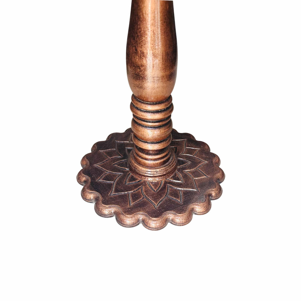 Hand Carved Mango Wood Coffee Table: lotus design, copper shade, folding design