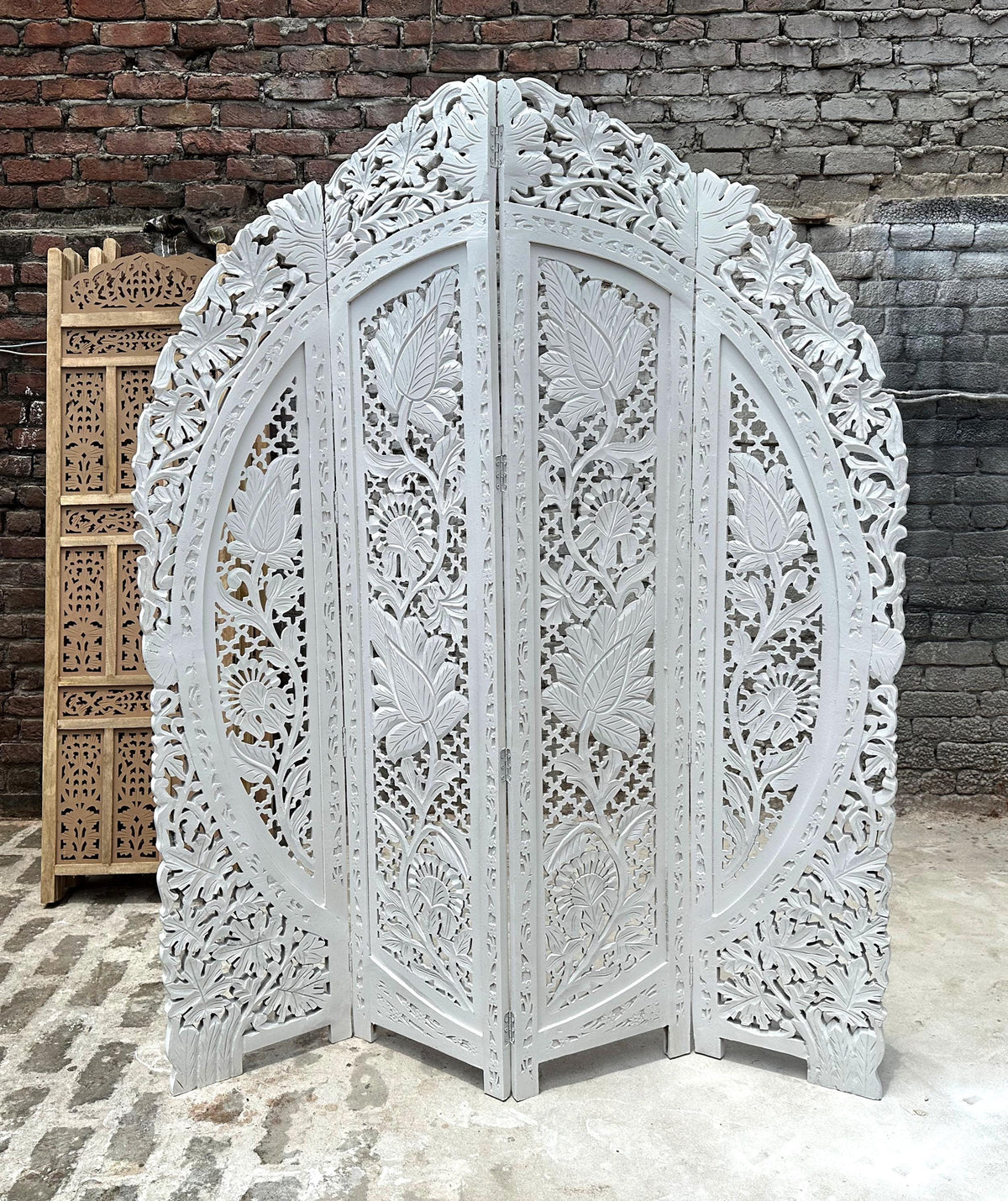 Mid Century Modern Floral Wood Folding Room Divider: Handmade Screen matte white