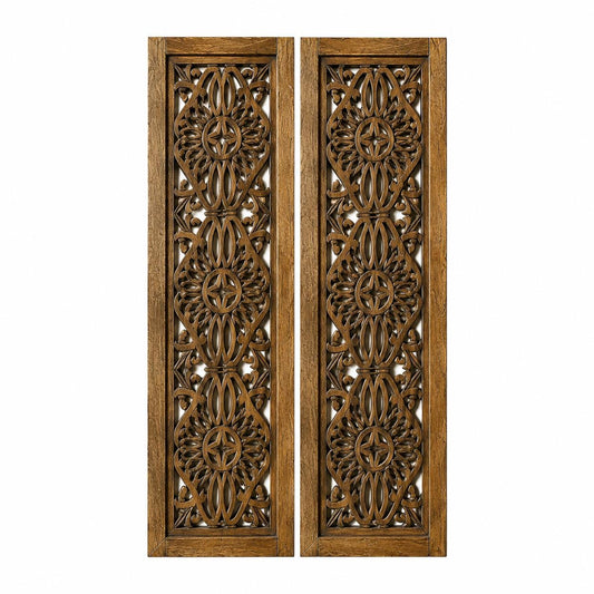 Mid-Century Modern Wood Wall Panel: Brown Flower Carving, 72x24 Inches