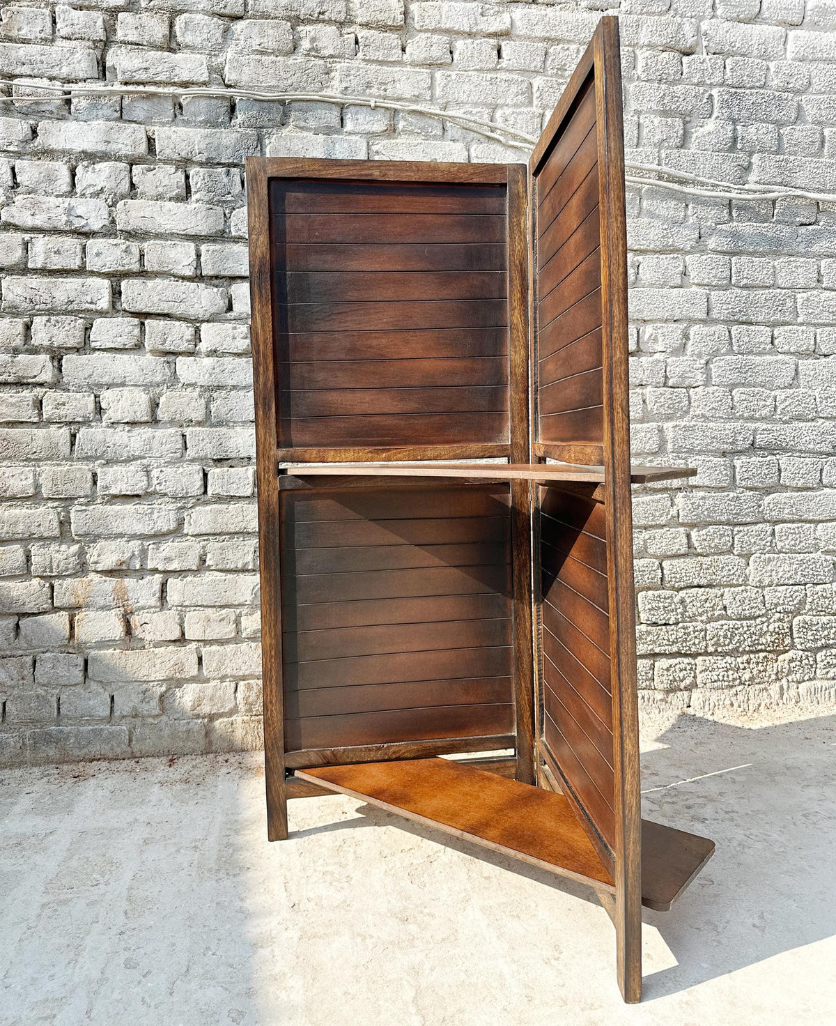 Mid Century Folding Partition with Shelf: Handmade Wooden Room Divider