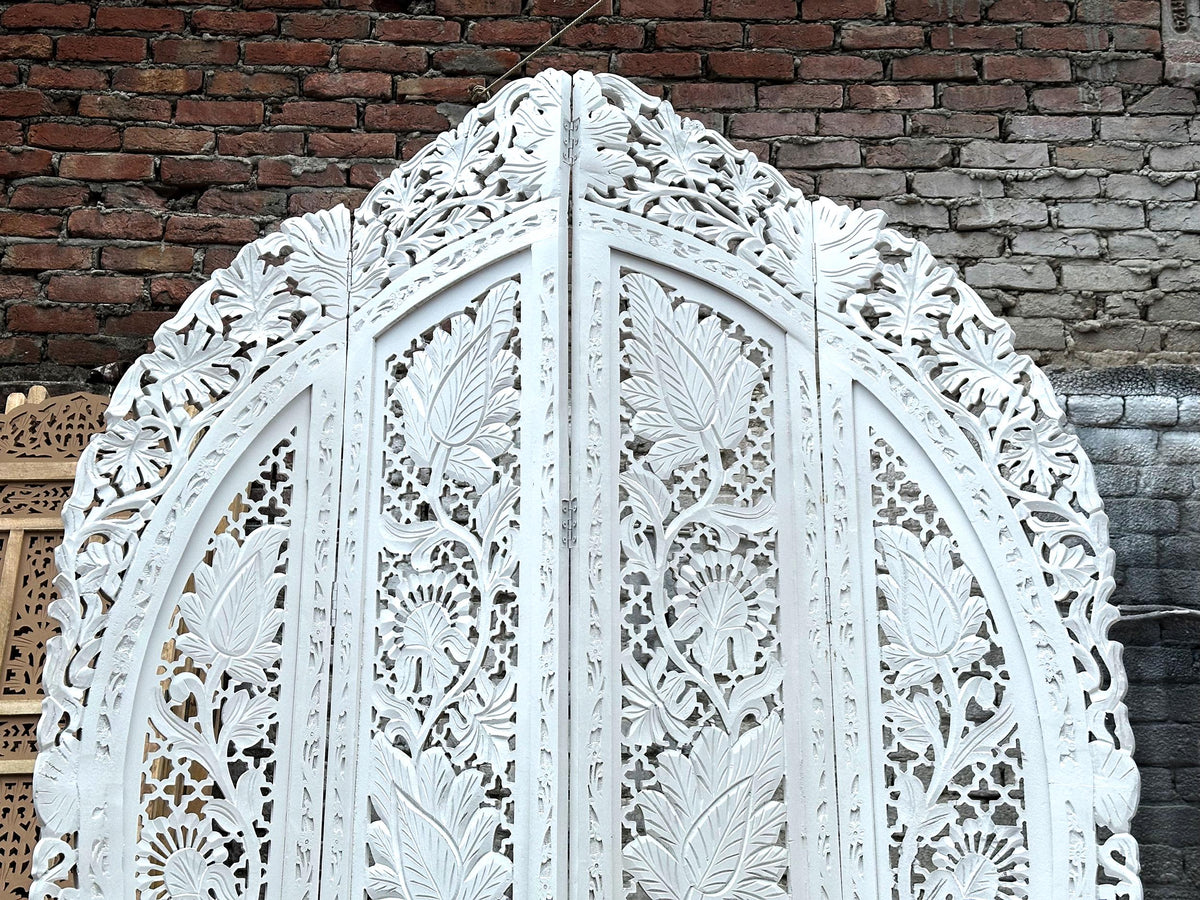 Mid Century Modern Floral Wood Folding Room Divider: Handmade Screen matte white