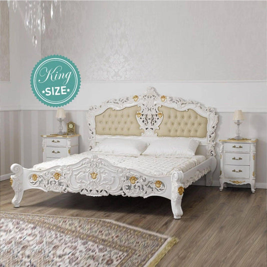 Handmade Giltwood Bed Frame: Tufted Carved Queen/King
