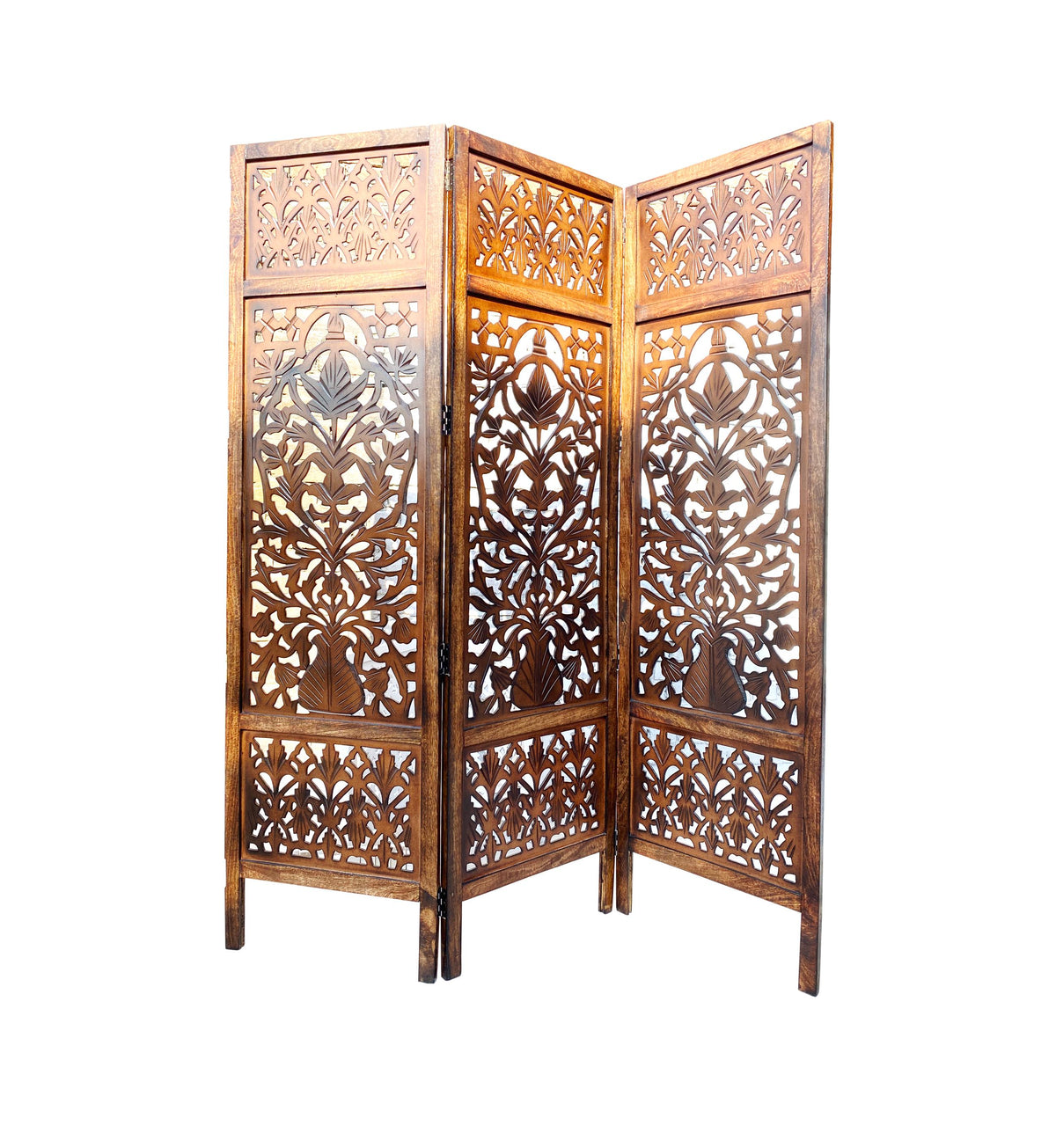 Handmade Mid-Century Modern Wooden Folding Room Divider  Mesh Design Self-Standing Partition Screen