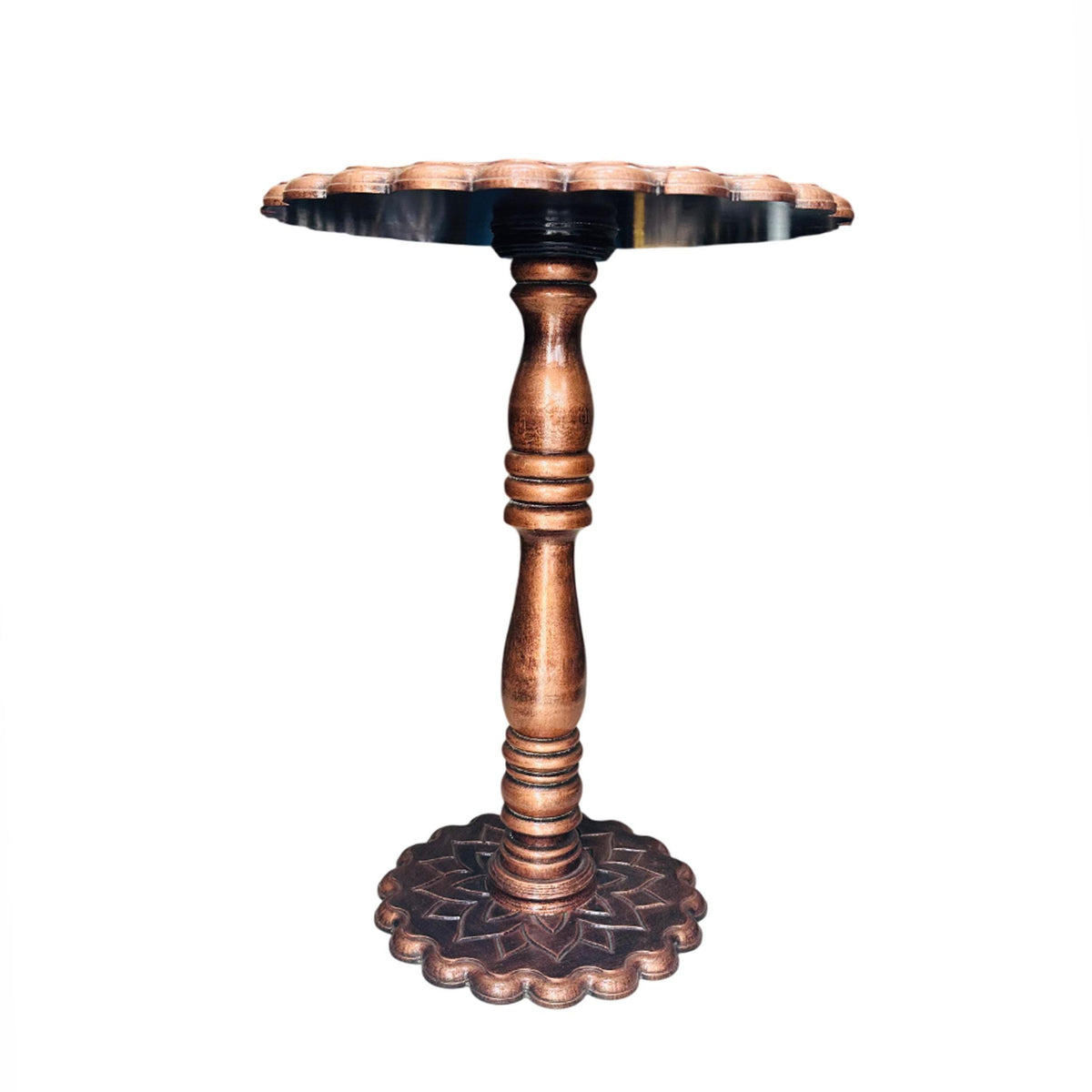 Hand Carved Mango Wood Coffee Table: lotus design, copper shade, folding design