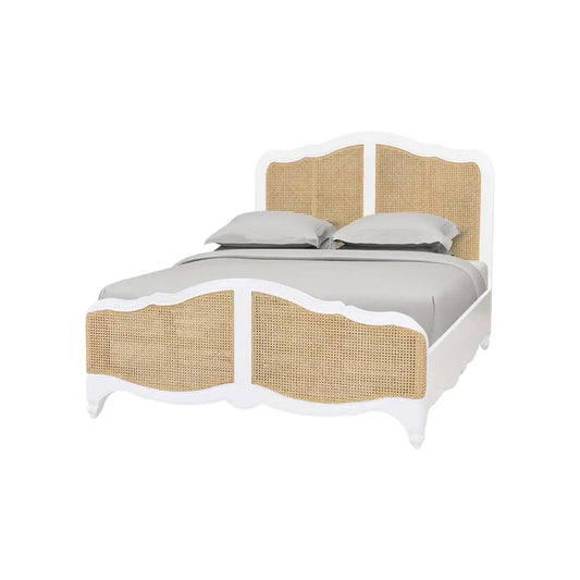 Handmade Teak Wood Cane Bed Frame, Carved Accents, Multiple Sizes